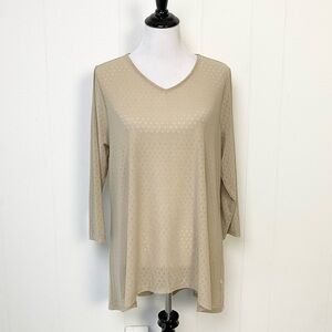 Logo Lori Goldstein Top Womens L Beige 3/4 Tunic Hi Low Hem Sheer Mesh Pointelle